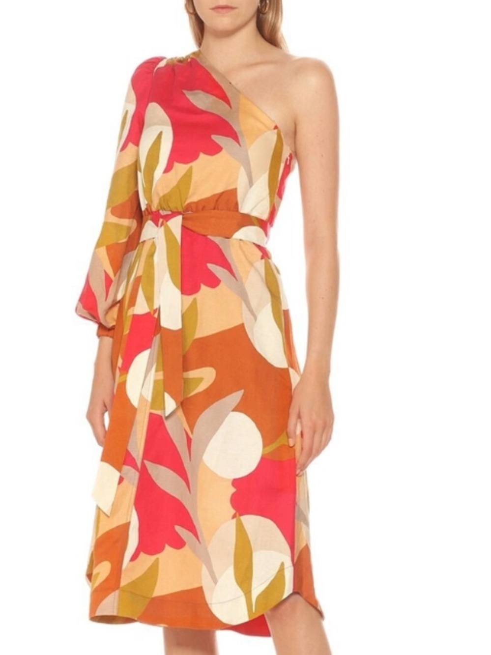 Rebecca Vallance Sangria One Sleeve Botanical Print Midi Dress Size 4 NWT